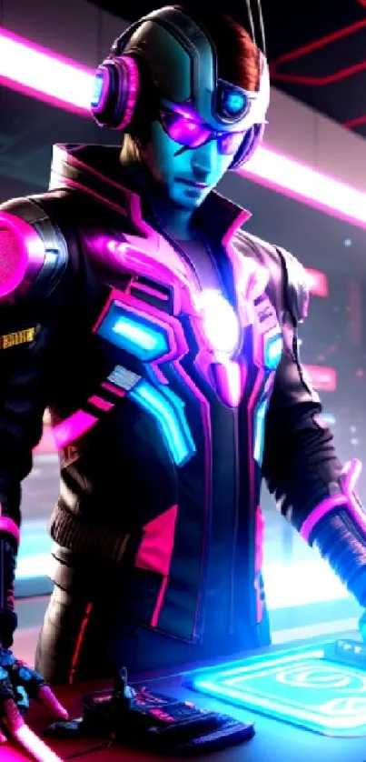 Futuristic neon-lit cyberpunk gamer standing in a high-tech environment.