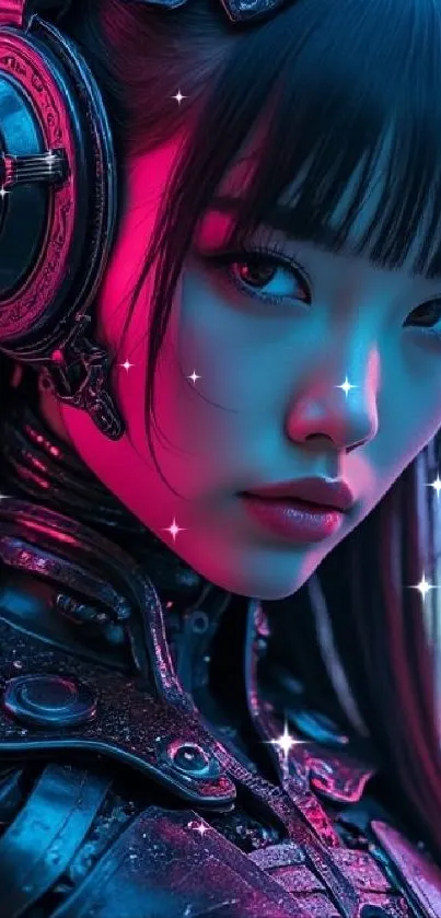 Futuristic cyberpunk art of a girl in neon armor.