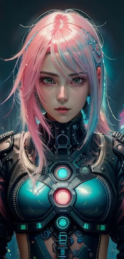 Futuristic cyberpunk female character with pink hair and neon accents.