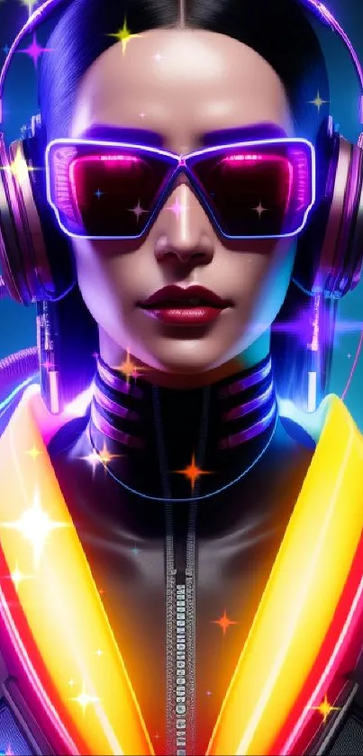 Futuristic cyberpunk girl with neon glow, headphones, and vibrant colors.