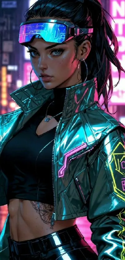 Futuristic cyberpunk girl with neon lights in cityscape.