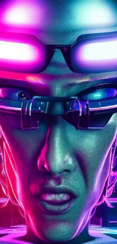 Vibrant cyberpunk android face with neon headset glowing.