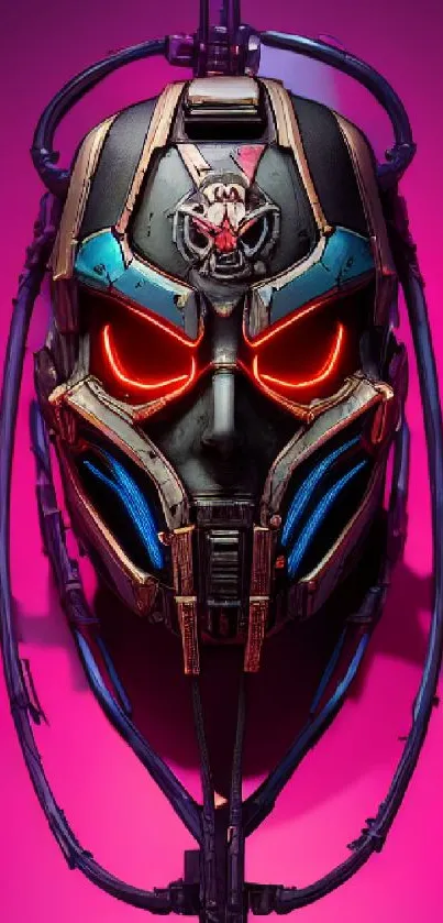 Cyberpunk helmet with neon pink and blue accents on a vibrant background.