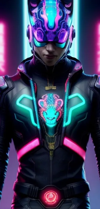 Futuristic cyberpunk hero with neon lights design.