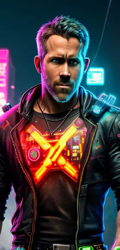 Cyberpunk hero in neon city setting with vibrant colors and futuristic design.