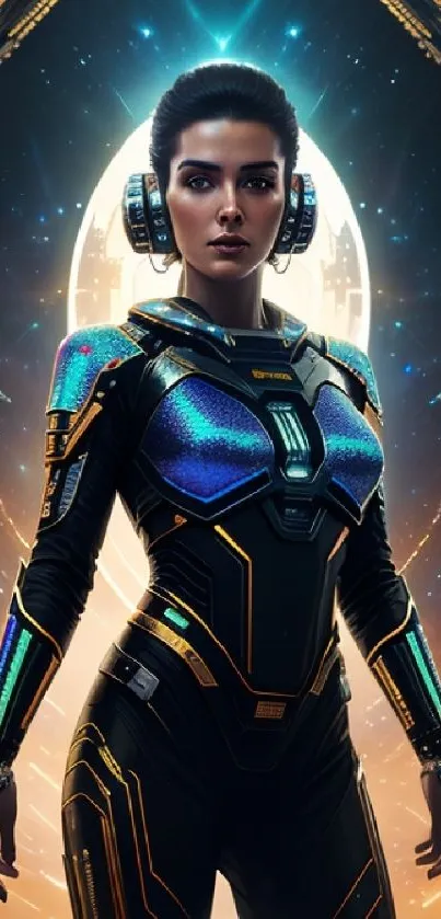 Futuristic cyberpunk hero in vibrant colors.