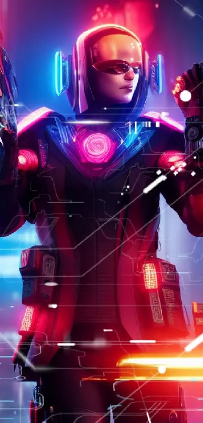 Cyberpunk hero in neon-lit armor with vibrant futuristic backdrop.