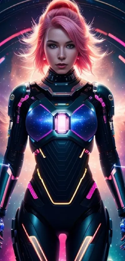 Futuristic cyberpunk heroine in neon armor with a colorful cosmic background.