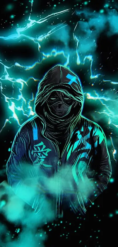 Hooded figure in neon blue electric storm wallpaper.