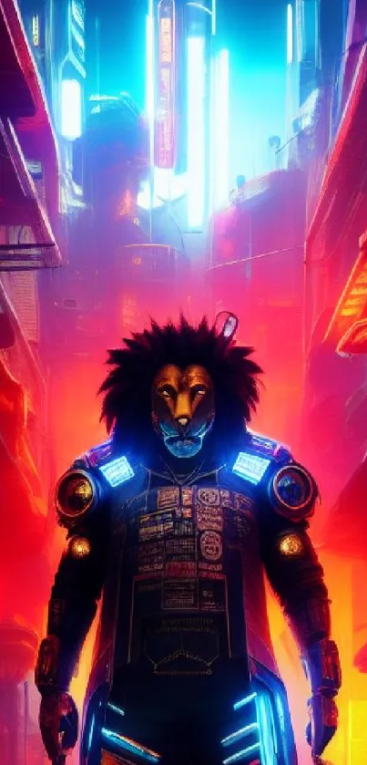 Vibrant cyberpunk lion in neon cityscape.