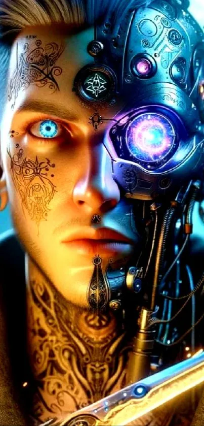 Futuristic cyborg with magic staff and glowing eye in cyberpunk theme.