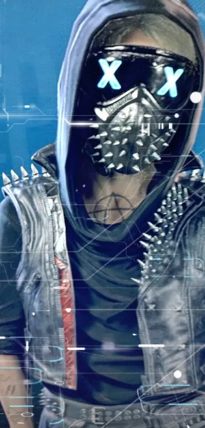 Cyberpunk masked character in blue themed wallpaper.