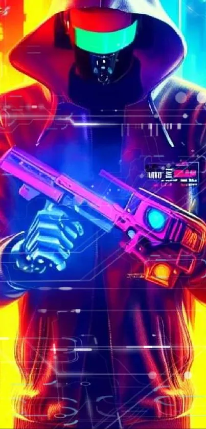 Neon cyberpunk wallpaper with hooded figure holding a futuristic weapon.