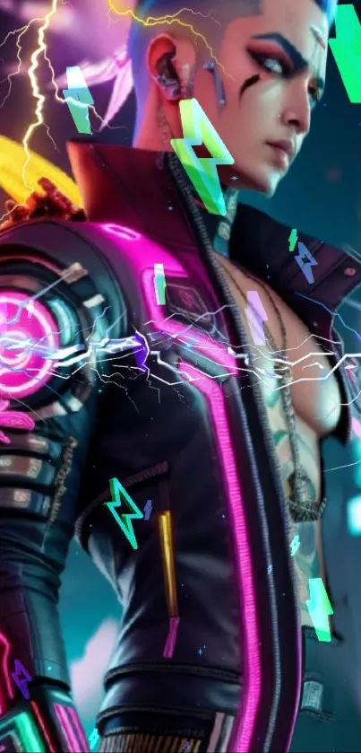 Futuristic cyberpunk wallpaper featuring neon lights and a striking character design.