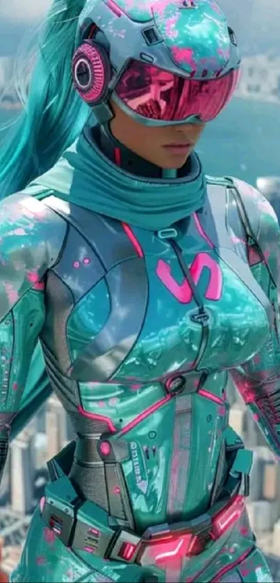 Futuristic cyberpunk character with teal and pink suit overlooking cityscape.