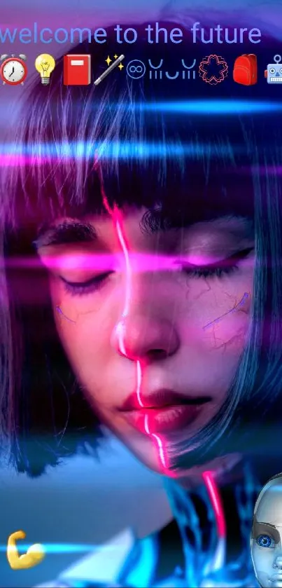 Futuristic cyberpunk wallpaper with a digital woman and neon elements.