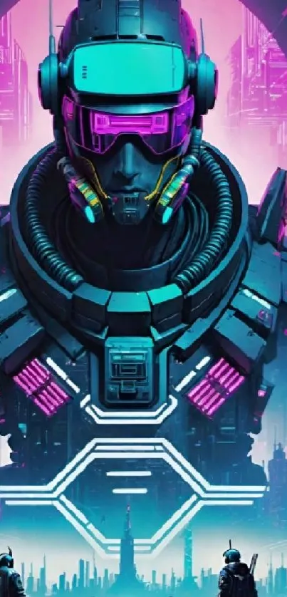 Futuristic cyberpunk robot in vibrant urban setting.