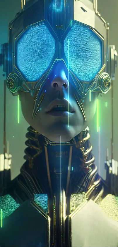 Futuristic cyberpunk figure with glowing blue eyes and high-tech suit.