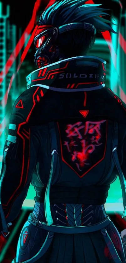 Futuristic figure in neon-lit cyberpunk city wallpaper.