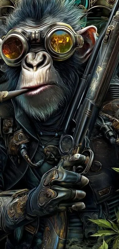 Cyberpunk monkey holding futuristic weapon in vibrant digital art.