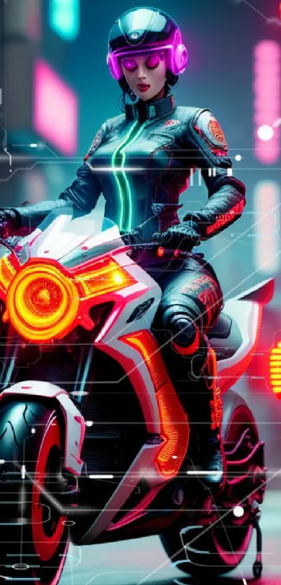 Futuristic rider on neon-lit motorcycle in cyberpunk cityscape.