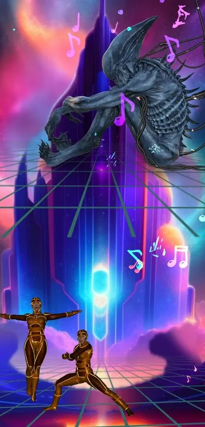 Futuristic cyberpunk wallpaper with neon lights and music theme.