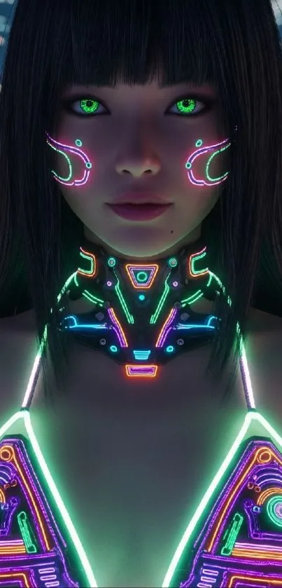 Futuristic neon cyberpunk digital art wallpaper with vibrant colors and design.