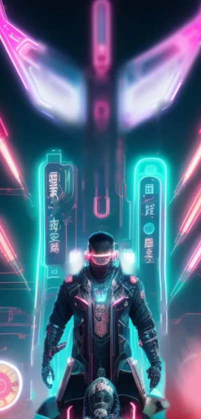 Neon cyberpunk figure with futuristic backdrop.