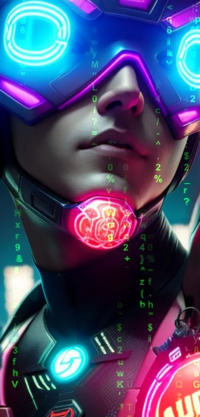 Futuristic figure in neon cyberpunk style with vibrant glowing colors.