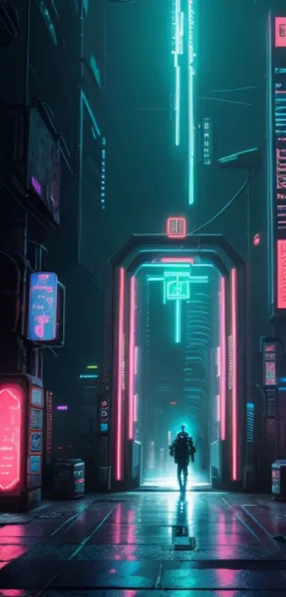 Futuristic cyberpunk cityscape with neon lights and solitary figure.