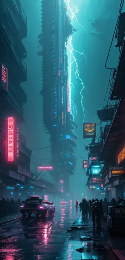 Futuristic neon-lit cyberpunk cityscape with towering structures and dynamic street scene.