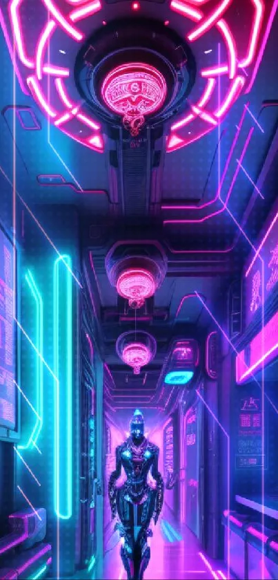 Futuristic neon corridor with a cyberpunk theme and robotic figure.