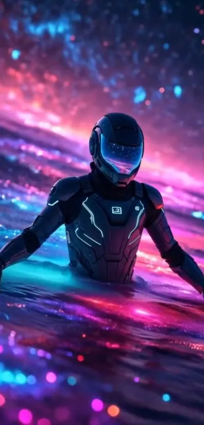 Futuristic cyberpunk figure in neon hues