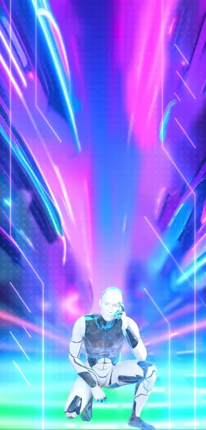 Futuristic cyberpunk wallpaper with neon colors and a humanoid robot.