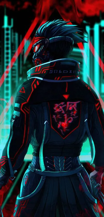 Futuristic cyberpunk character with neon cityscape in red and teal hues as wallpaper.