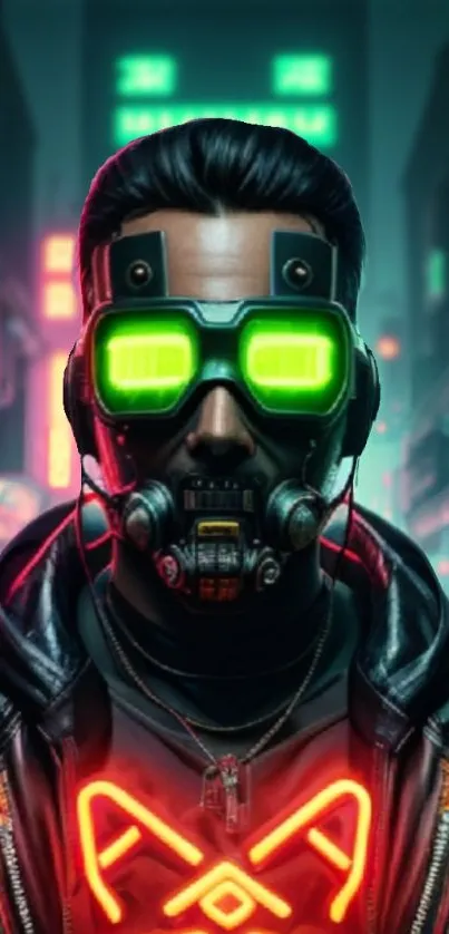 Futuristic neon cyberpunk wallpaper with masked figure.