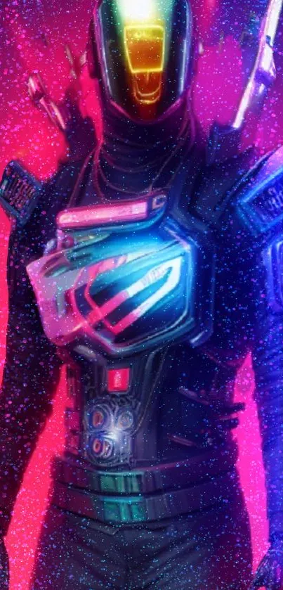 Futuristic cyberpunk neon wallpaper with armored figure in vibrant colors.