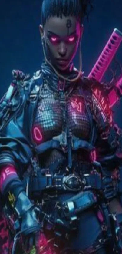 Futuristic cyberpunk warrior with neon accents in dark setting.