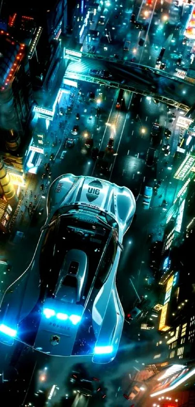 Futuristic flying car above illuminated city.