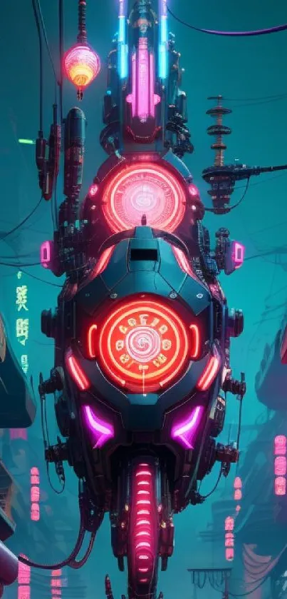 Futuristic neon cyberpunk wallpaper with metallic and digital elements.