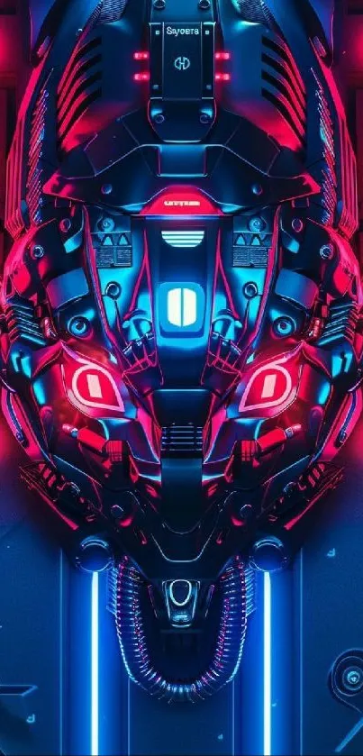 Futuristic neon robot helmet with vibrant colors.