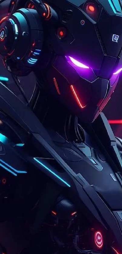 Futuristic robot with neon lights and cyberpunk design.
