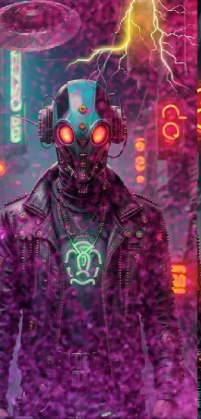 A futuristic figure with neon lights in a cyberpunk city setting.