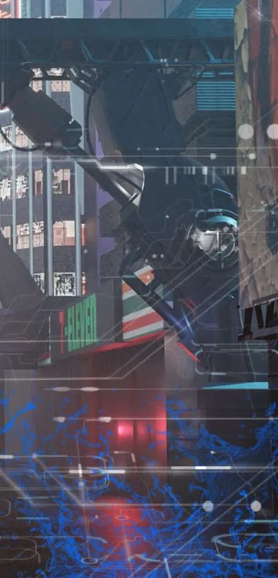 Futuristic cityscape with neon lights and tech elements in cyberpunk style.