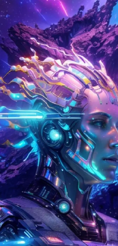 Futuristic cyberpunk wallpaper with neon lights and robotic figure.