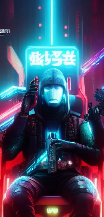 Futuristic cyberpunk wallpaper with neon lights and masked figure.
