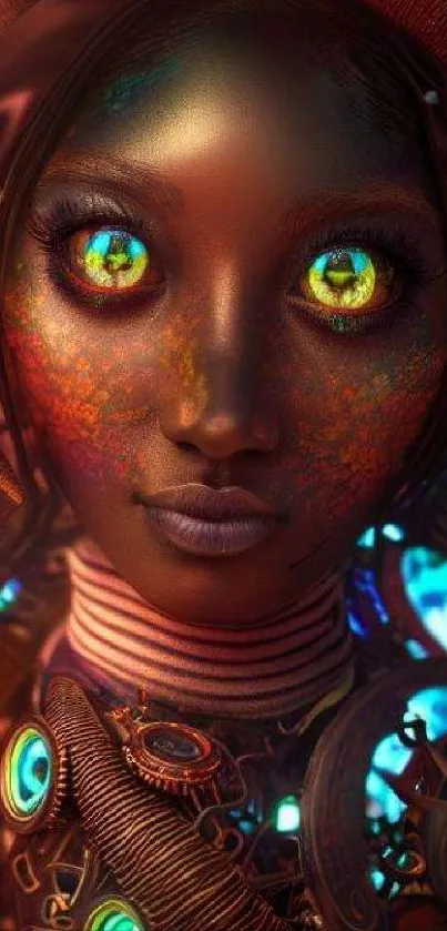 Vibrant futuristic cyberpunk portrait with neon and copper hues.