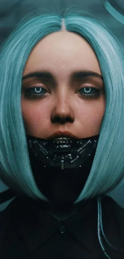 Futuristic woman with blue hair and mask in cyberpunk style.