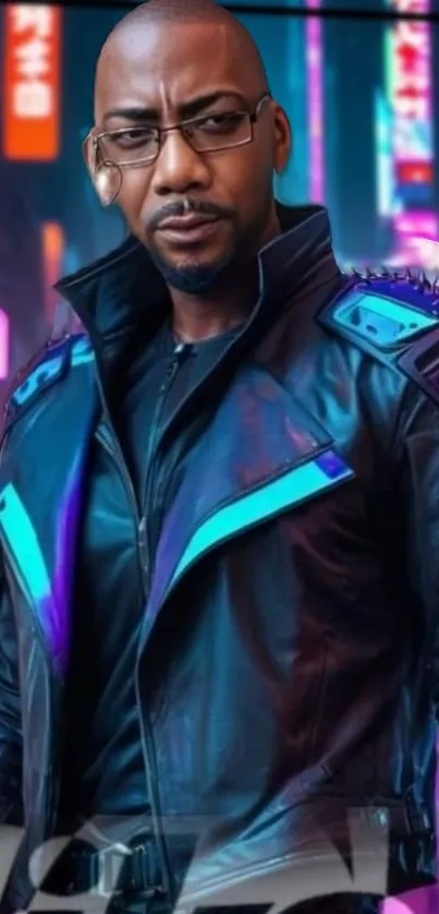 Futuristic cyberpunk aesthetic with neon accents and leather jacket.