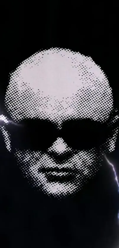 Pixelated cyberpunk portrait with lightning on a dark background.